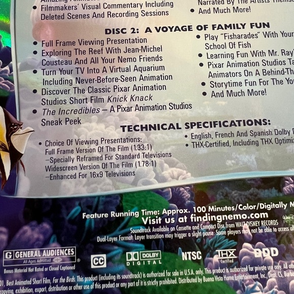 Finding Nemo 2 Disc Collector’s Edition DVD Wide Screen And Full Screen - Picture 7 of 11